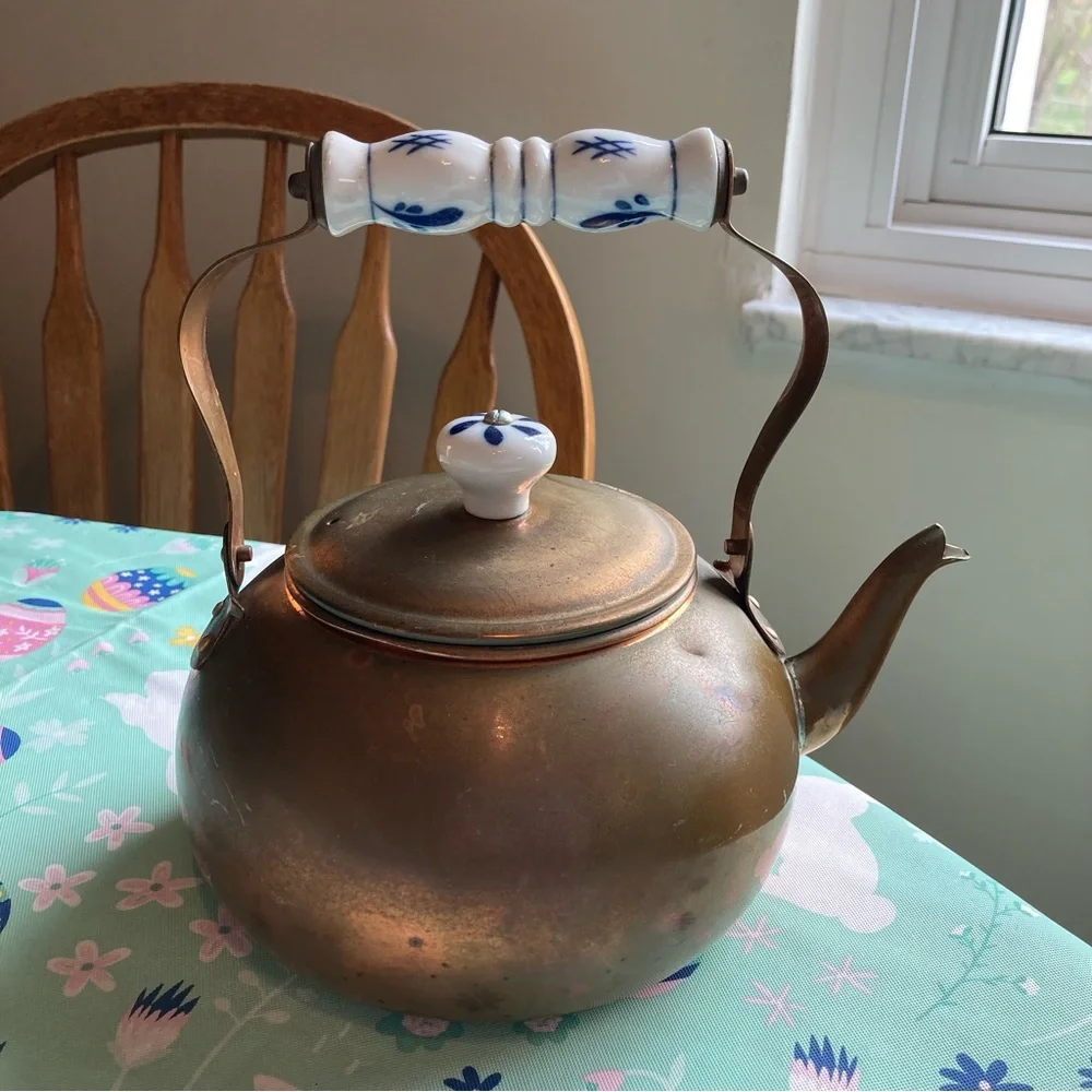 Vintage Copper and Brass Teapot with Blue and White Handle - Picture 2 of 7